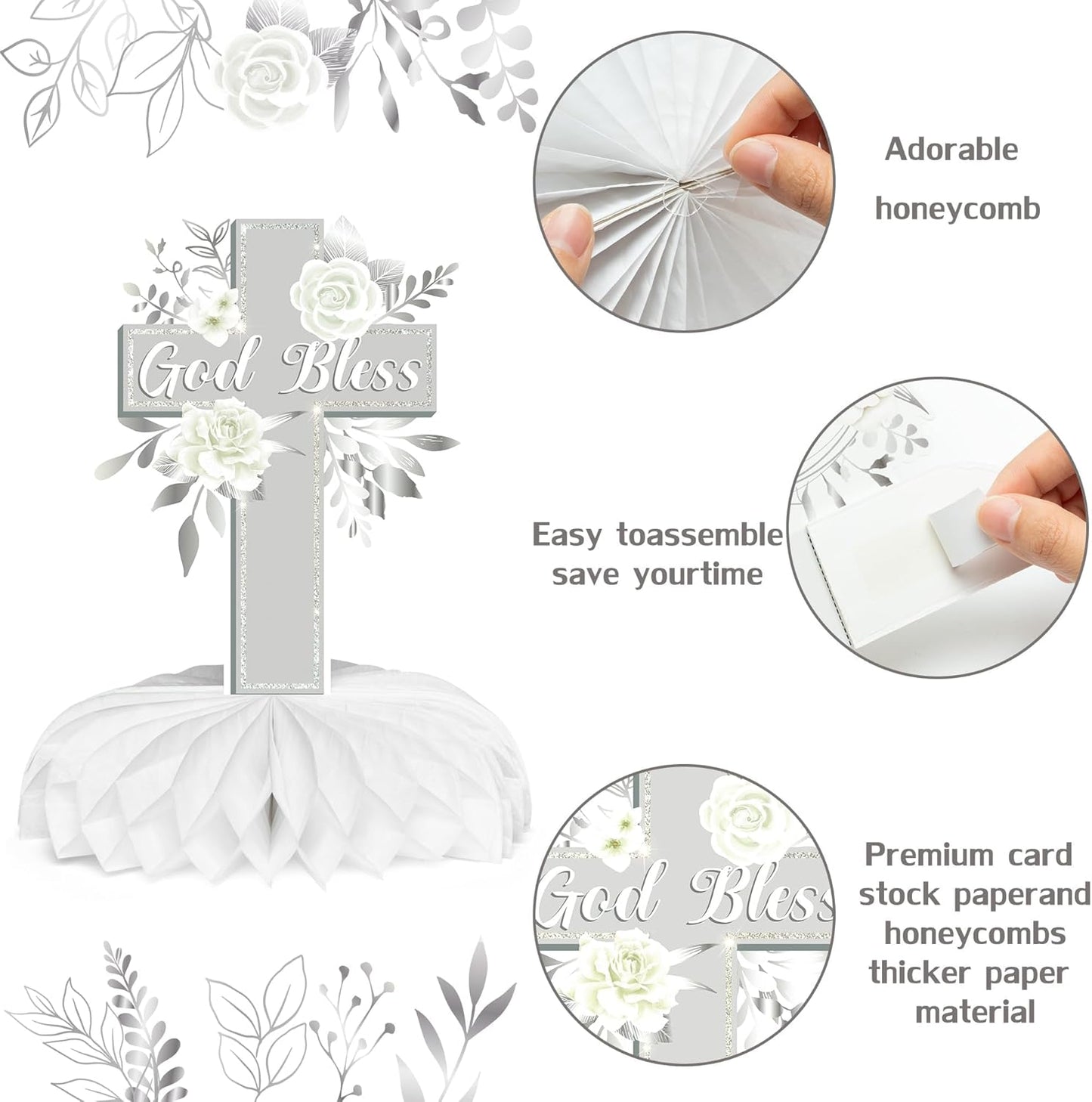 ANGOLIO Baptism Centerpieces Table Decorations - 12Pcs God Bless White Sliver Floral Honeycomb Centerpieces Party Supplies Cross Religious Table Toppers for Bible Baby Shower Birthday Party Favors