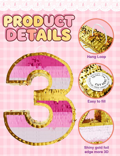 Number 5 Piñata with Stick, Blindfold & Confetti-Pink Piñata for Birthday Parties, Complete Party Game Set for Kids Girls-Gradient Pink Birthday Decor with Fillable Design(Small, 16.5 x 11.5 x 3 In)