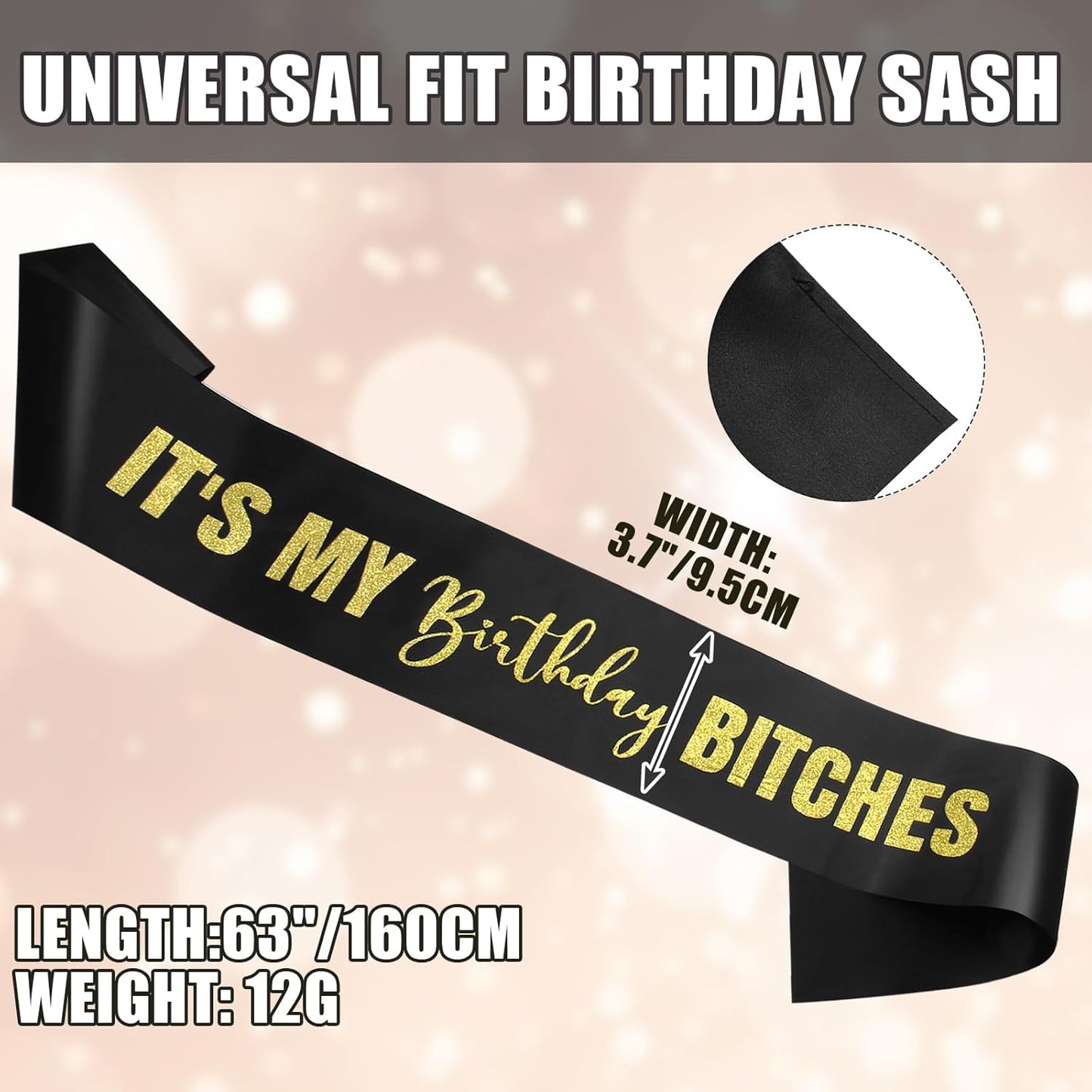 RUDONG M It's My Birthday Bitches Sash - Black Birthday Sash with Rose Gold Glitter for Women & Girls | Sweet 16/18th/21st/30th/40th/50th/60th/70th, All-Age Celebration Party Decor