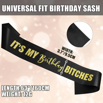 RUDONG M It's My Birthday Bitches Sash - Black Birthday Sash with Rose Gold Glitter for Women & Girls | Sweet 16/18th/21st/30th/40th/50th/60th/70th, All-Age Celebration Party Decor