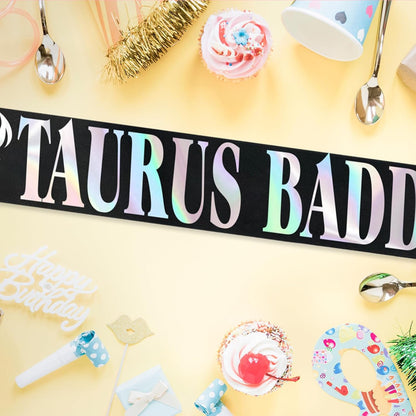 Taurus Baddie Sash for April May Birthday Party - Black Glitter Foil Constellation Zodiac Party Decorations, Astrology Theme Bday Supplies for Women & Girls（Black iridescent）