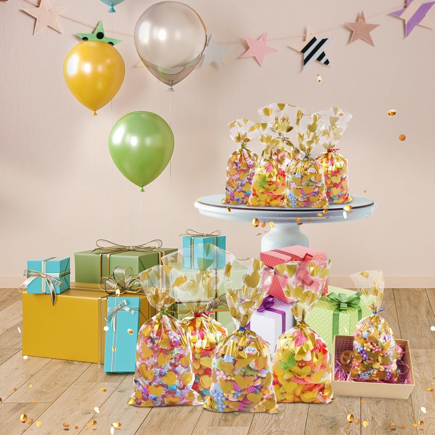 100 Pcs Star Printed 5"X 7" Gift Wrap Cello Cellophane Treat Bags Party Favor bags Clear Candy Cookie Bag Plastic Poly Goodie Storage Bag with Twist Ties for Bakery,Birthday, Wedding ,Party Decorations (Gold)