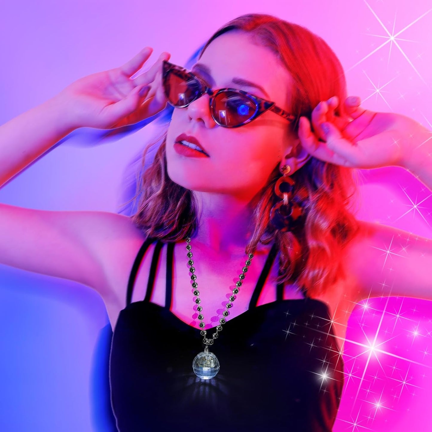 Sasylvia 12 Pcs LED Disco Ball Necklaces Light up Bead Necklaces 70s Disco Party Favors Glow in The Dark Bead Jewelry Costume Accessories for New Year Party Dance Supplies(Silver, Colorful)