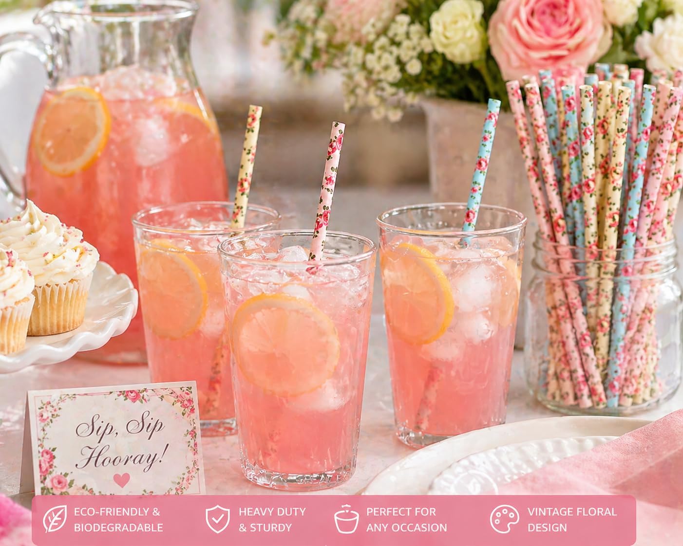 75-Pack Eco-Friendly Biodegradable Paper Straws - Vintage Rose & Floral Design in Pink, Blue, Yellow - Disposable Straws for Parties By JPACO