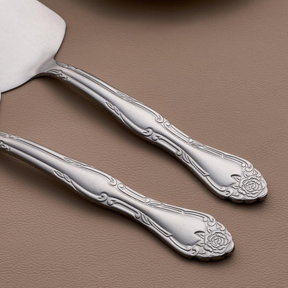 3-Piece Cake Server Set - 9.3-Inch Matte Black 430 Stainless Steel with Rose Handle Design - for Cake, Pie, Pizza, and Dessert Serving - Dishwasher Safe Pastry Server Set