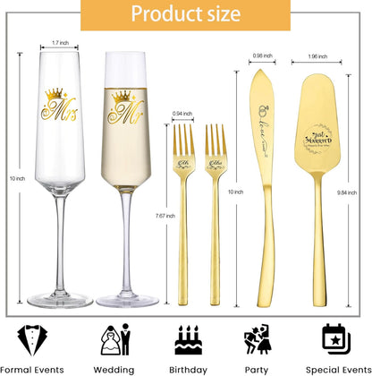 Wedding Cake Knife and Server Set, Bride Groom Mr and Mrs Champagne Flutes Glasses, Cake Cutting Set for Wedding with Forks, Bridal Shower Gifts Wedding Anniversary Engagement Gifts