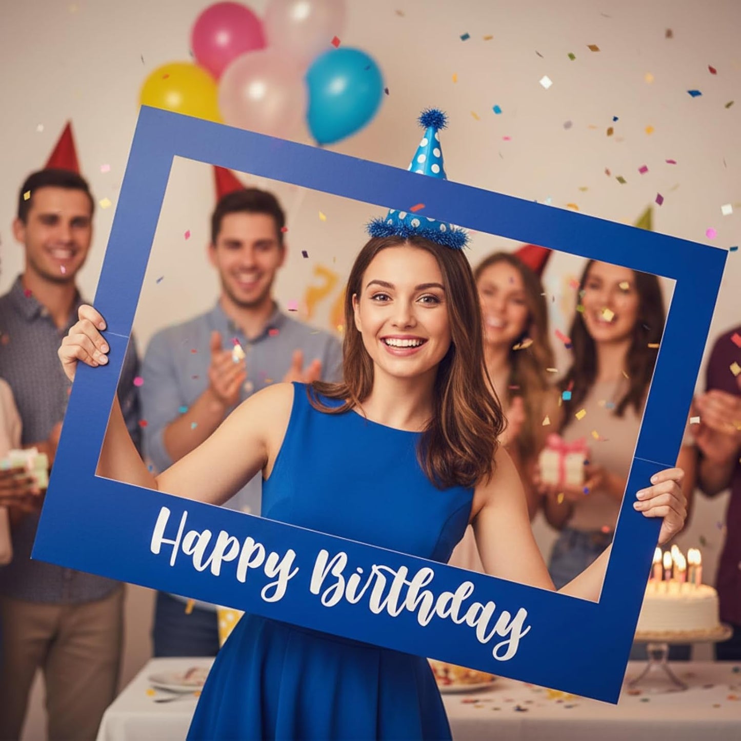 Beeveer 32 x 24 Inch Extra Large Happy Birthday Photo Booth Selfie Frame Props Picture DIY Cutouts Photo Backdrop Cardboard Props for Party Supplies Favors(Vertical,Shiny Gold)