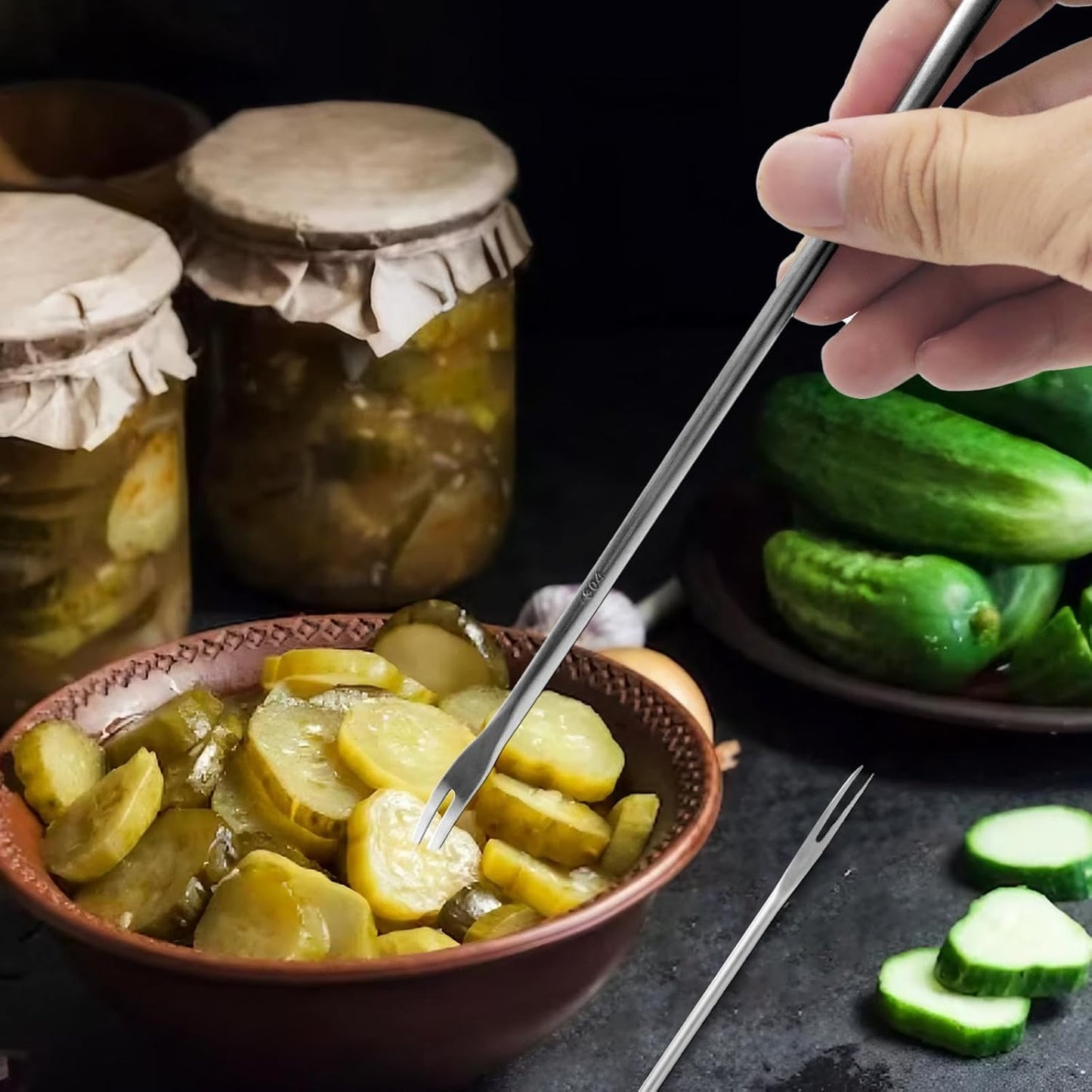 6 Pieces Long Handle Pickle Fork Olive Spoon with Drain Hole Strainer Kitchen Serving Tongs Set, Stainless Steel Pickle Picker for the Jar Cucumber Arugula Caper