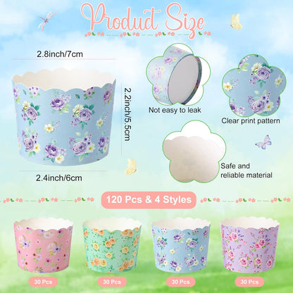 Qinyoung 120 Pcs Wildflower Cupcake Liner 4 Design Flower Paper Muffin Liner Scalloped Disposable Floral Baking Cup, Tea Party Baby/Bridal Shower Decoration for Spring Wedding Birthday Party Supplies