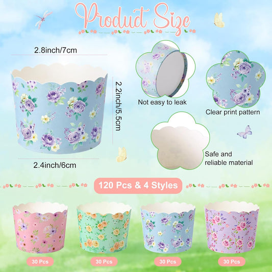 Qinyoung 120 Pcs Wildflower Cupcake Liner 4 Design Flower Paper Muffin Liner Scalloped Disposable Floral Baking Cup, Tea Party Baby/Bridal Shower Decoration for Spring Wedding Birthday Party Supplies