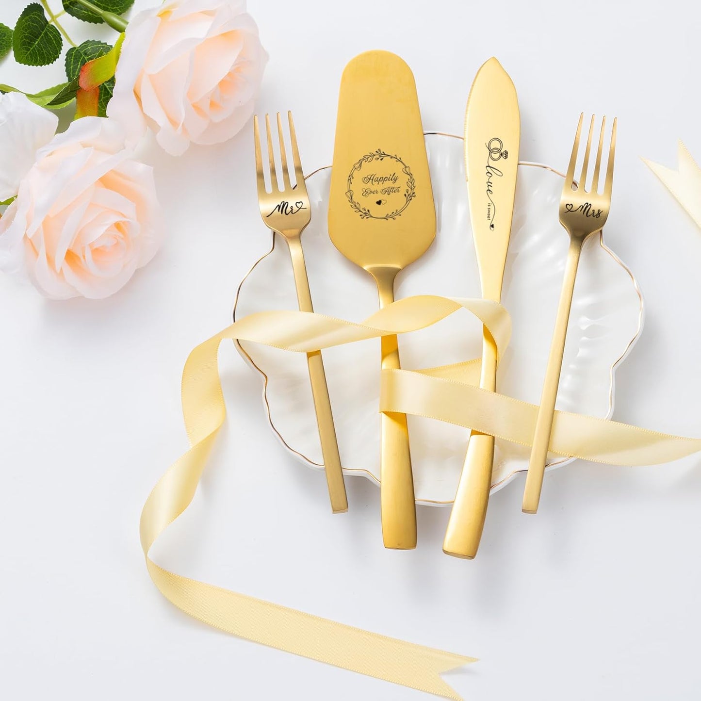 Cake Cutting Set For Wedding, Wedding Cake Knife And Server Set, Mr And Mrs Forks And Cake Cutter Set For Wedding, Bridal Shower Gifts, Engagement Gifts For Couples (Silver)