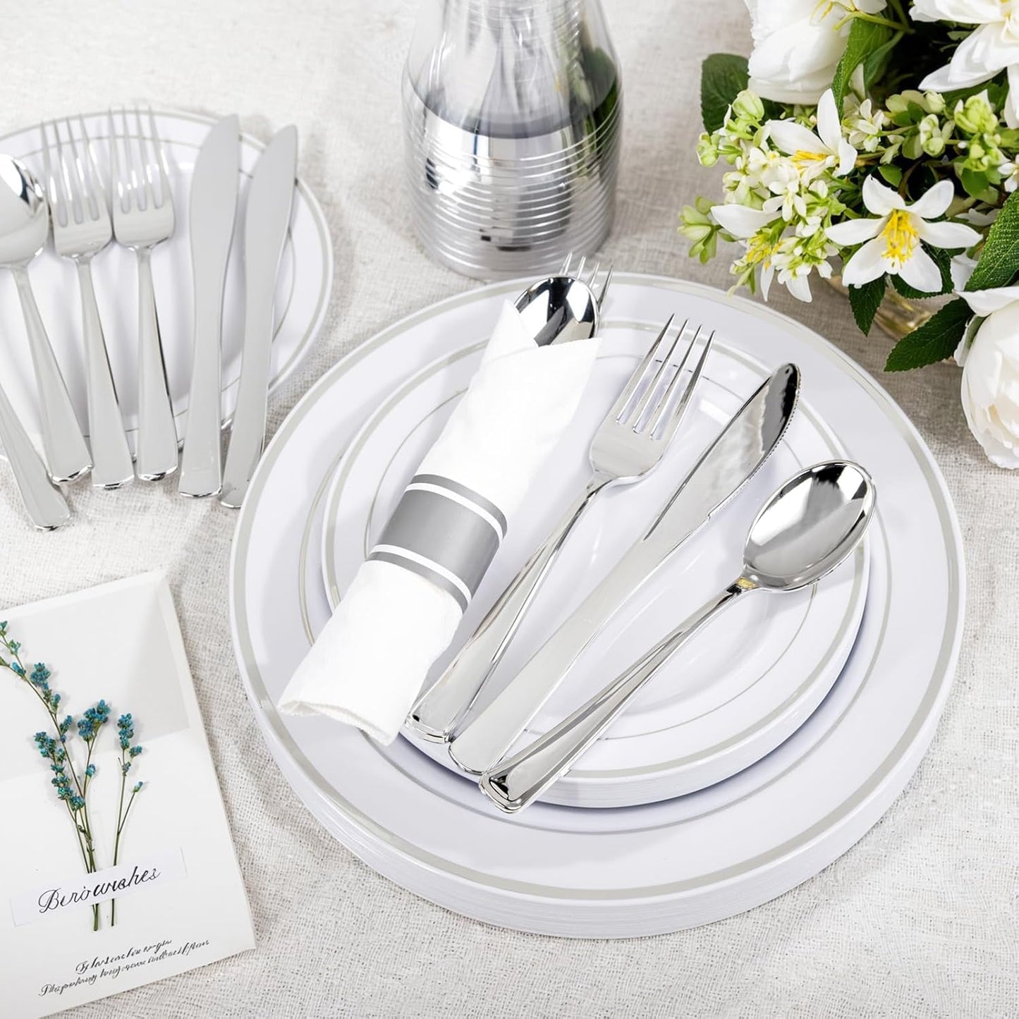 WELLIFE 350-Piece Gold Disposable Plates and Cutlery Set - Premium 10.25" Dinner Plates, 7.5" Dessert Plates, 9oz Cups & Cutlery for Weddings, Catering Events - 50 Guest Service - Elegant & Sturdy