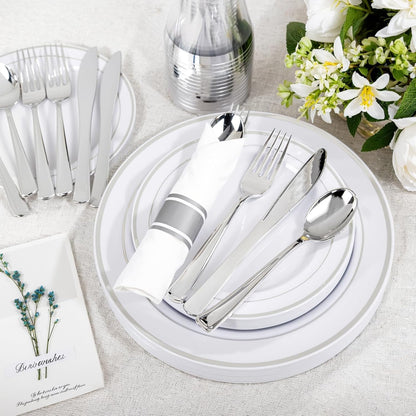WELLIFE 350-Piece Gold Disposable Plates and Cutlery Set - Premium 10.25" Dinner Plates, 7.5" Dessert Plates, 9oz Cups & Cutlery for Weddings, Catering Events - 50 Guest Service - Elegant & Sturdy