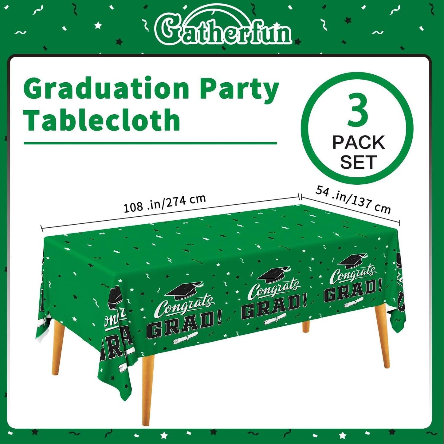 Gatherfun Graduation Party Decorations, Gongrats Grad Tablecover for Graduation Party Supplies, 3 pcs Green Table Cloths, 54"x108"