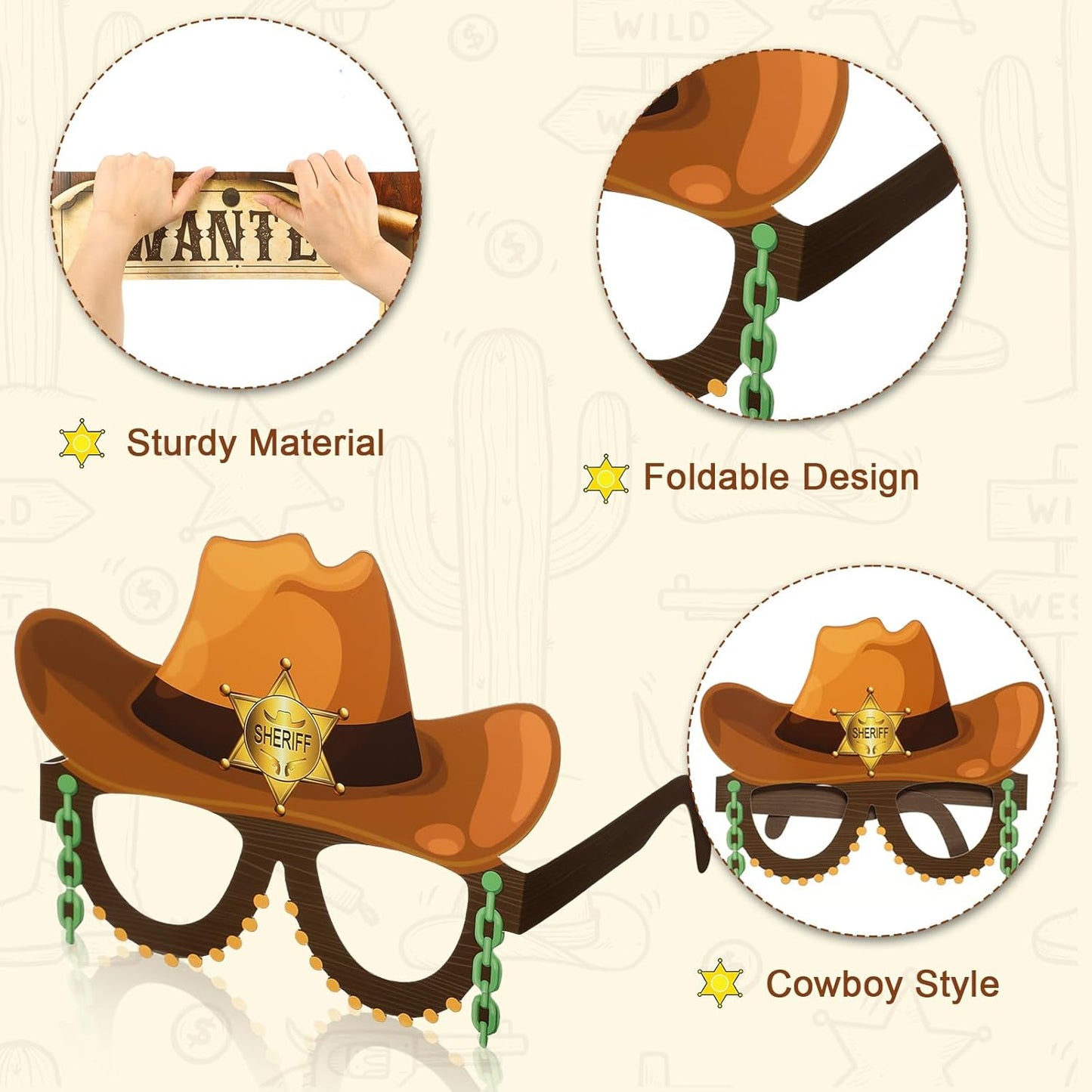 Jenaai 25 Pcs Western Cowboy Photo Booth Props with Wanted Frame, Wild West Party Decorations, Funny Paper Eyeglasses & Prop Kit for Rodeo Theme Birthday, Bachelorette Party Supplies Selfie Favors