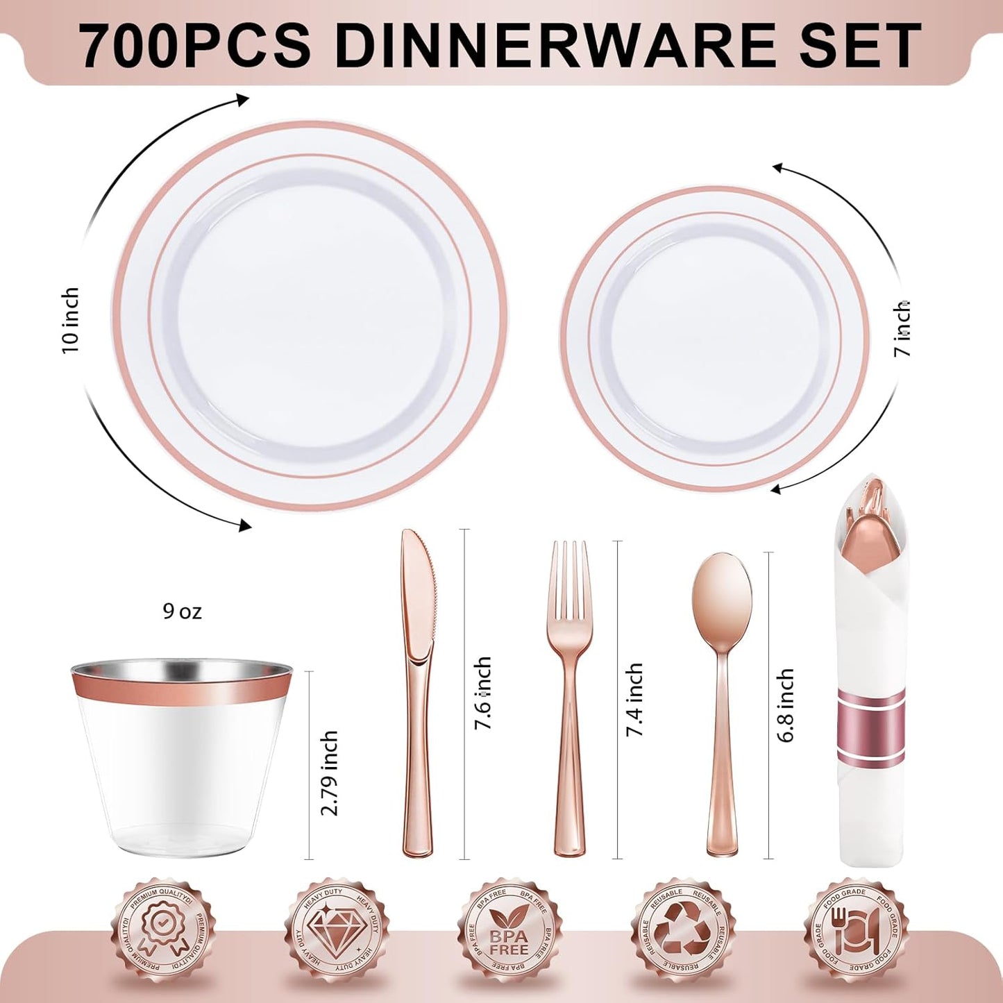 BESTVIP 350PCS Gold Plastic Dinnerware Set, Disposable Party Plates for 50 Guests, Include: 100 Plastic Plates, 50 Pre Rolled Napkins with Gold Silverware, 50 Cups