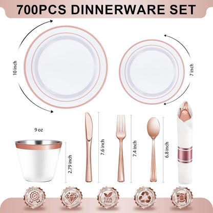 BESTVIP 350PCS Gold Plastic Dinnerware Set, Disposable Party Plates for 50 Guests, Include: 100 Plastic Plates, 50 Pre Rolled Napkins with Gold Silverware, 50 Cups
