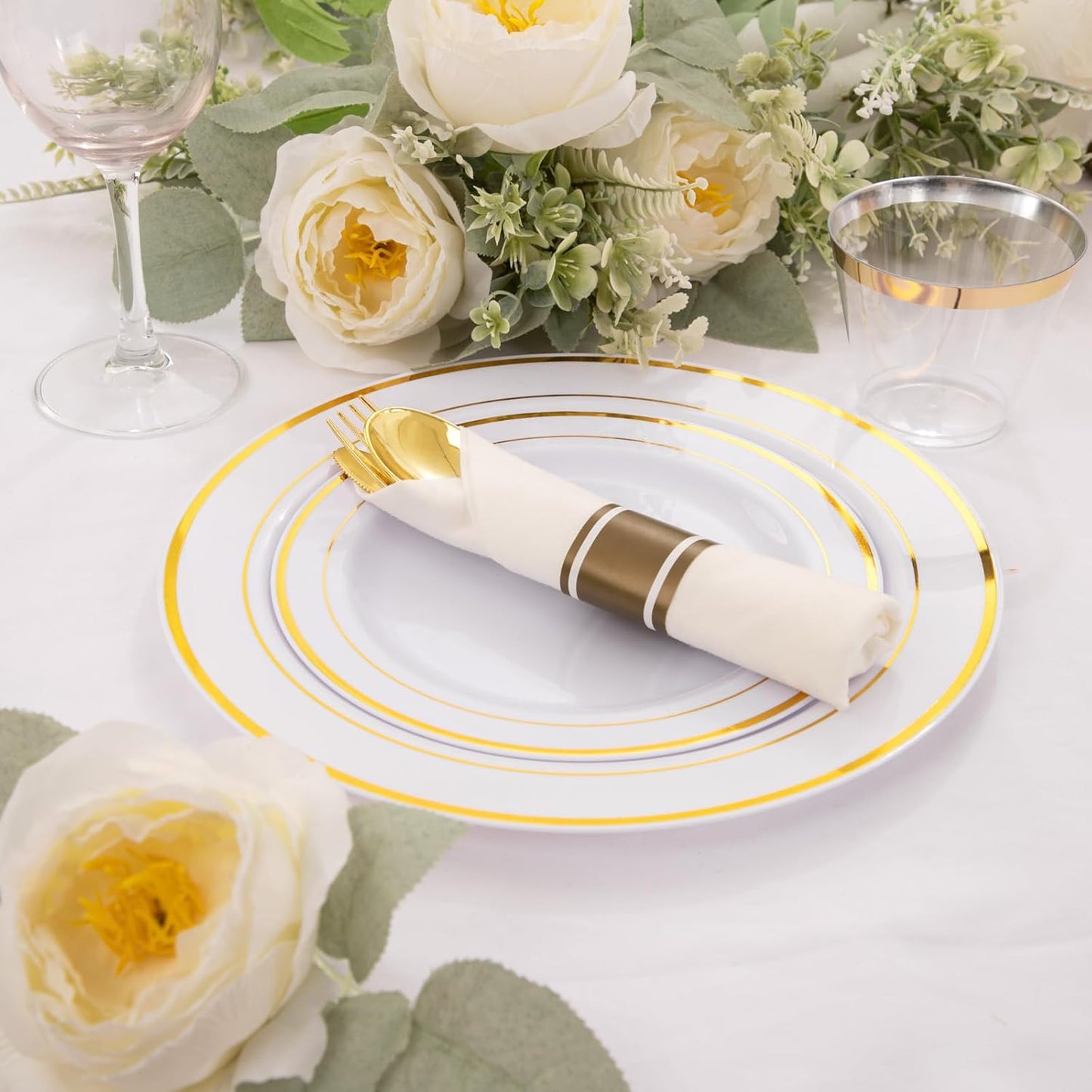 WELLIFE 350-Piece Gold Disposable Plates and Cutlery Set - Premium 10.25" Dinner Plates, 7.5" Dessert Plates, 9oz Cups & Cutlery for Weddings, Catering Events - 50 Guest Service - Elegant & Sturdy