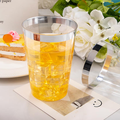 I00000 100 Pack 12 oz Gold Plastic Cups, Gold Rimmed Disposable Cups, Disposable Wine Glasses Cocktail Glasses Premium Cup with Golden Rim, 12 Ounce Plastic Tumblers for Party & Wedding