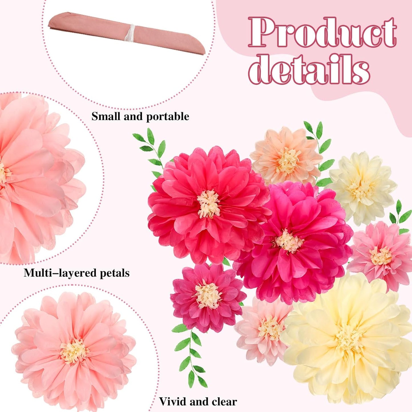 Watersay 12 Pcs 10" 20" Giant Mexican Fiesta Paper Flowers Colorful Tissue Crepe Flowers Pom Poms Craft for Floral Party Backdrop Wedding Birthday Party (Dusty Color)