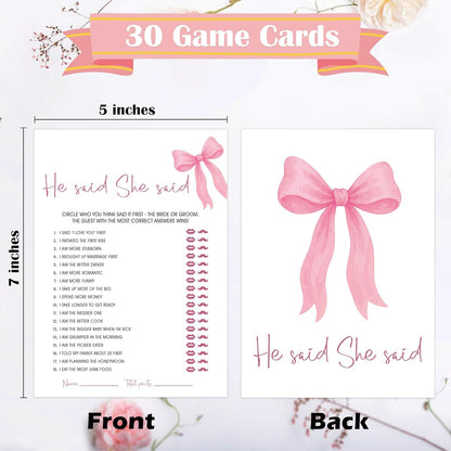 Pink Bow Bridal Shower Bingo Game with Blank Squares, Pack of 30 Game Cards, Bridal Shower Decorations, Wedding Engagement Decor, Bachelorette Party Supplies - KR05