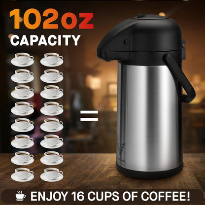 Coffee Carafe for Keeping Hot - 102oz/3L Airpot Coffee Dispenser with Pump - Insulated Stainless Steel Hot Beverage Dispenser for Parties - Thermal Carafe for Hot Drinks Water Tea Chocolate