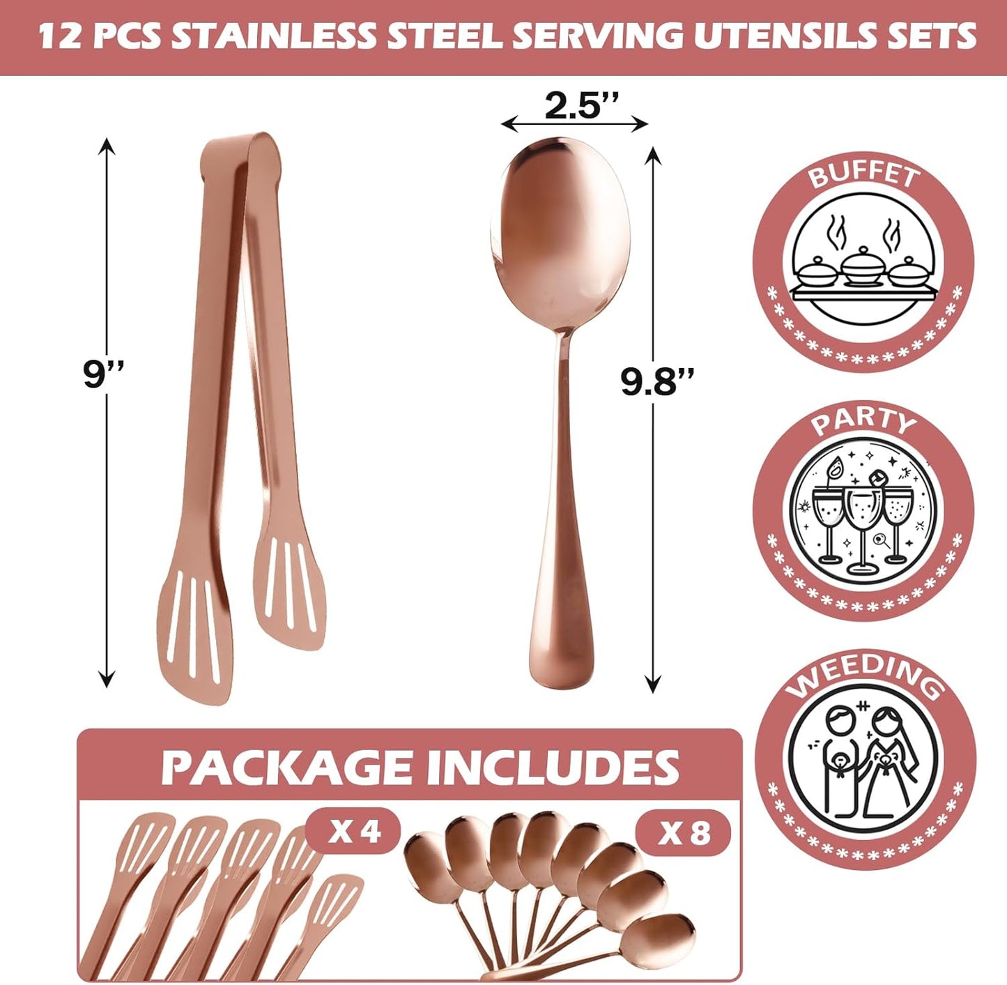 12PCS Stainless Steel Serving Utensils Sets,8 Large Serving Spoons,4 Serving Tongs,Gold Serving Utensills Sets for Buffet Catering Banquet Party (Gold)