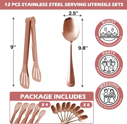 12PCS Stainless Steel Serving Utensils Sets,8 Large Serving Spoons,4 Serving Tongs,Gold Serving Utensills Sets for Buffet Catering Banquet Party (Gold)