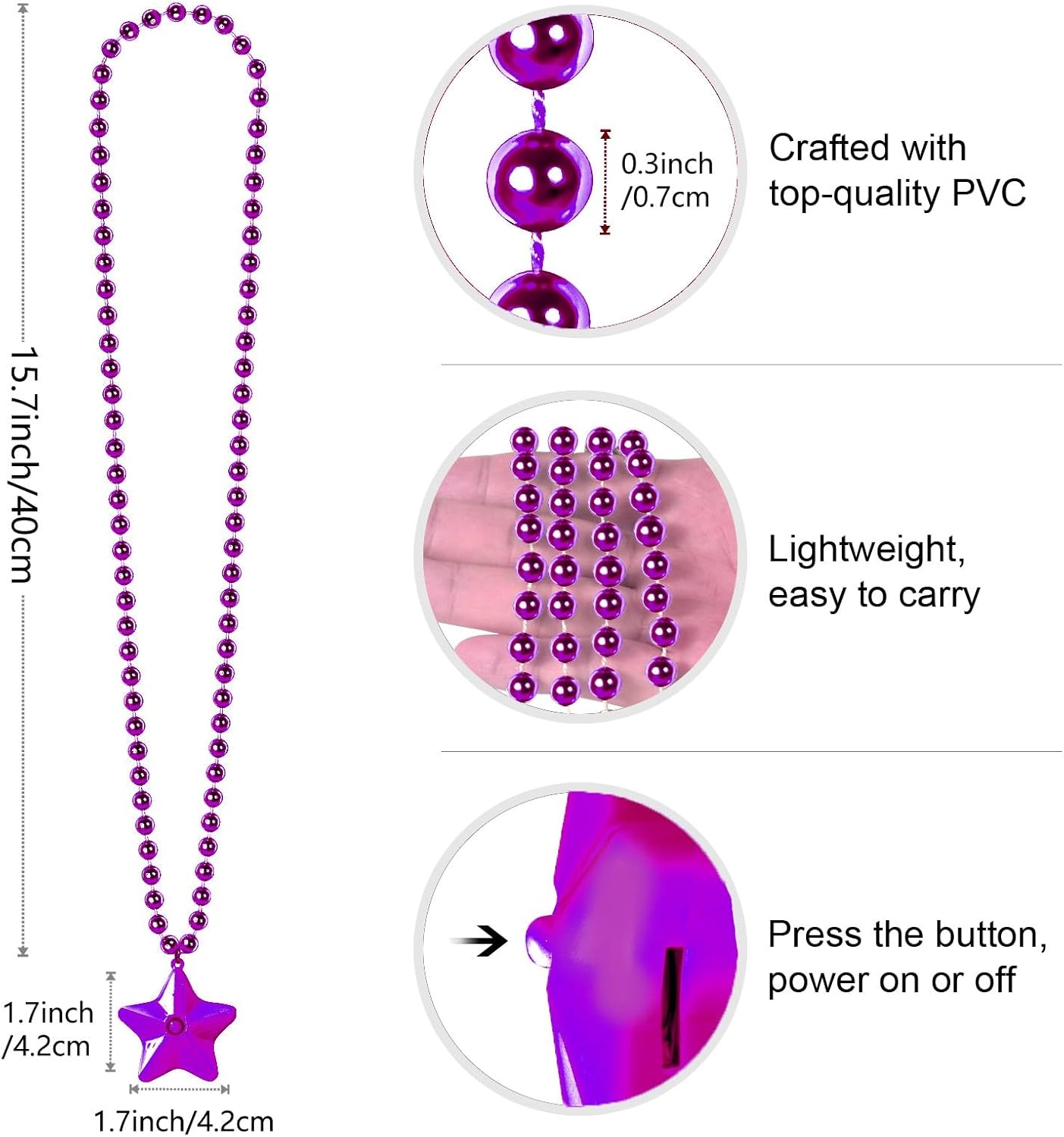 6 Pack Clear LED Glow Star Necklace Bulk Beaded Necklaces for Halloween Christmas Decorations Mardi Gras Party Favors