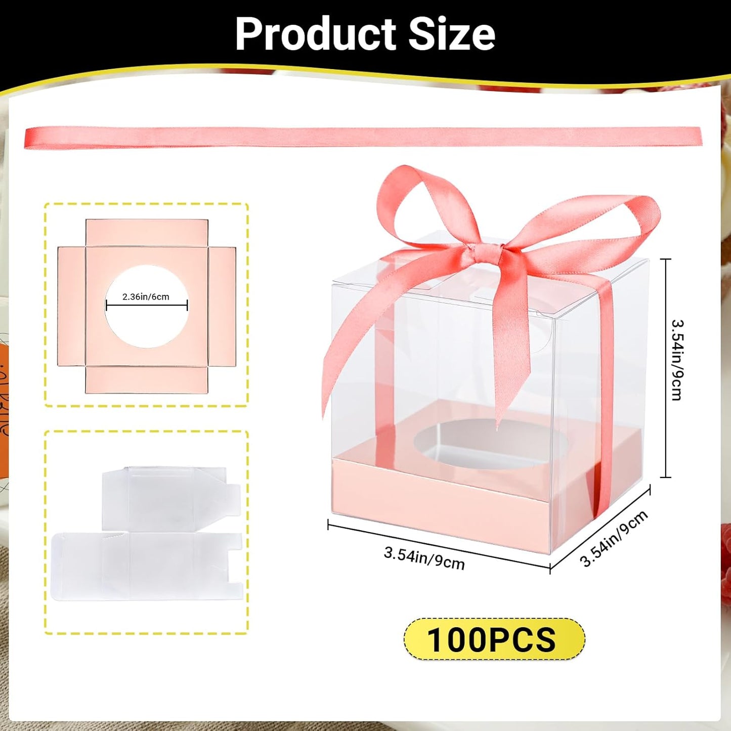 EUSOAR Individual Cupcake Holder, 50pcs 3.5 Inch Plastic Black Cupcake Containers with Lids, Single Transparent Display Clear Cupcake Carrier with Ribbon and Inserts for Wedding Party Favor
