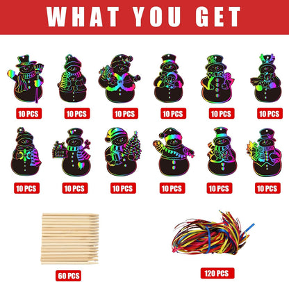JarThenaAMCS 120Pcs Winter Snowman Scratch Paper Rainbow DIY Scratch Art Magic Scratch Off Cutout with 120Pcs Ribbons 60Pcs Wooden Styluses for Christmas Craft Party Game