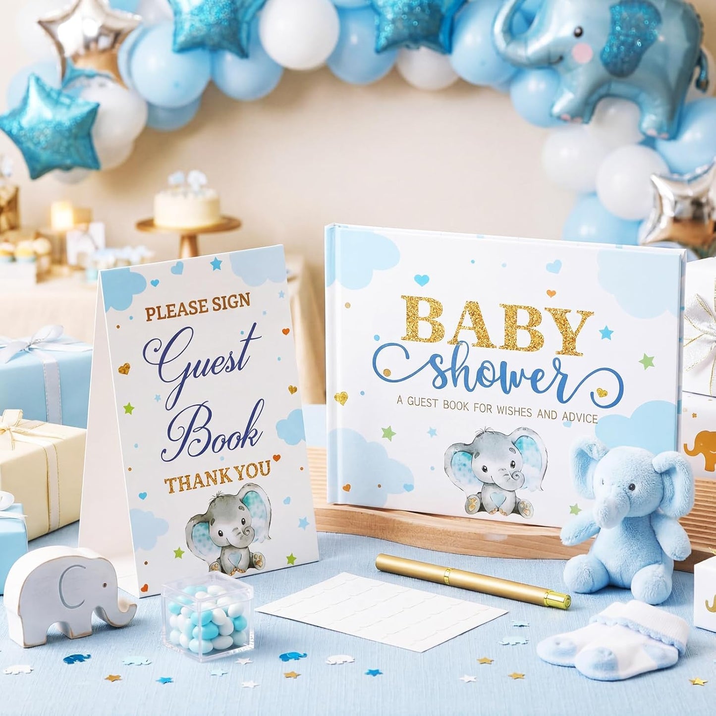 Fuyoooo 27 Pcs Safari Animal Baby Shower Guest Book Set Baby Shower Sign in Guest Floral Book Place Table Cards with Gold Pen Adhesive Photo Corner for Birthday Party
