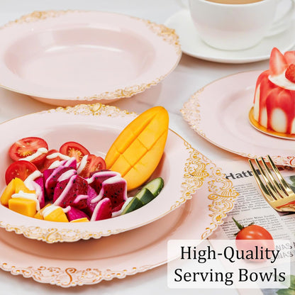 Nervure 50 Pack White Plastic Bowls with Gold Rim - 12oz Disposable Soup Bowls - Heavy Duty Dessert Bowl, Salad Bowl Perfect for Weddings, Parties, Mothers Day