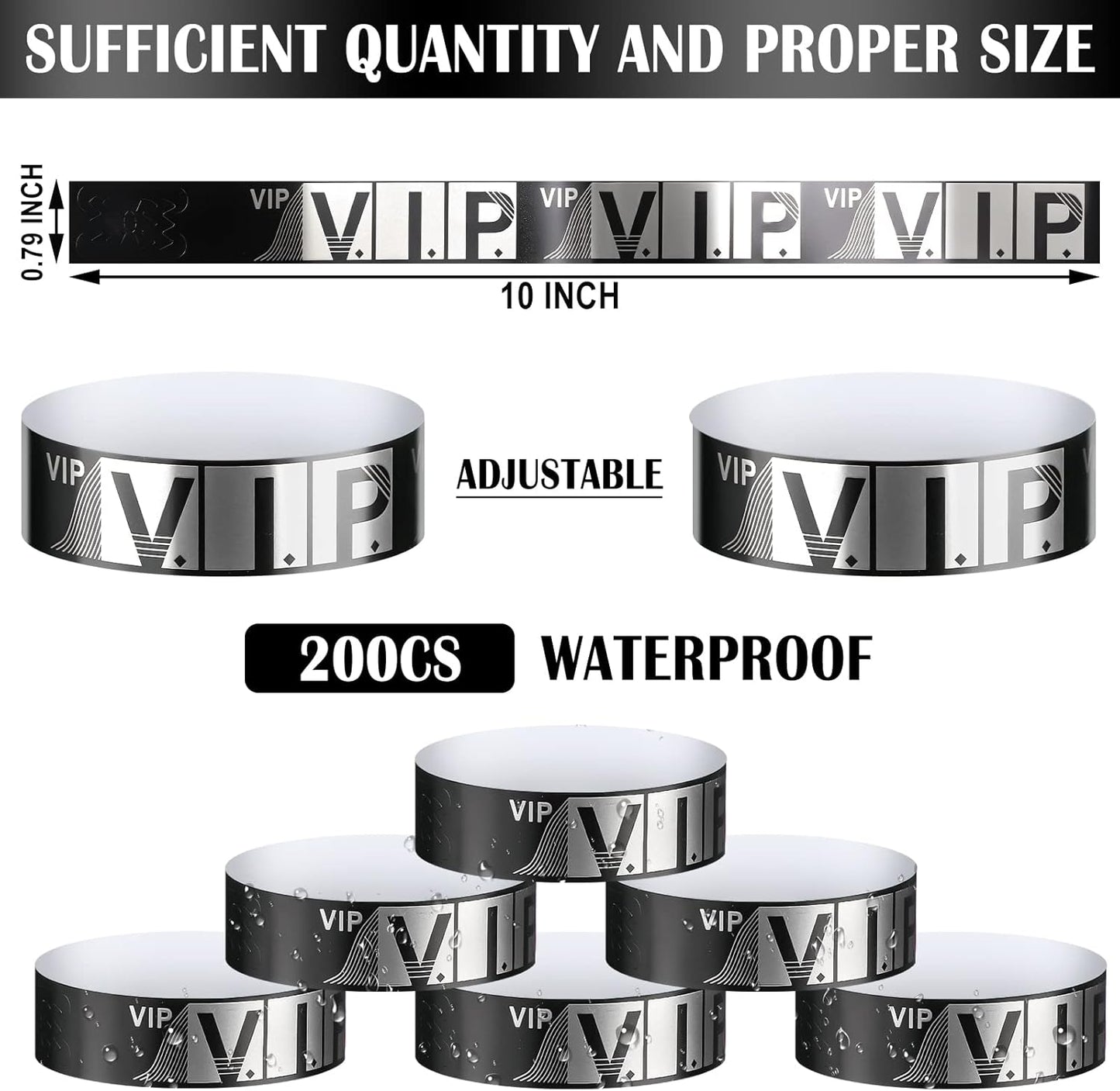 200 Pack VIP Wristbands for Events VIP Bracelets Paper Waterproof Party Wristbands for Events Amusement Parks Concerts Fairs Festivals, 0.79 x 10 Inch(Gold)