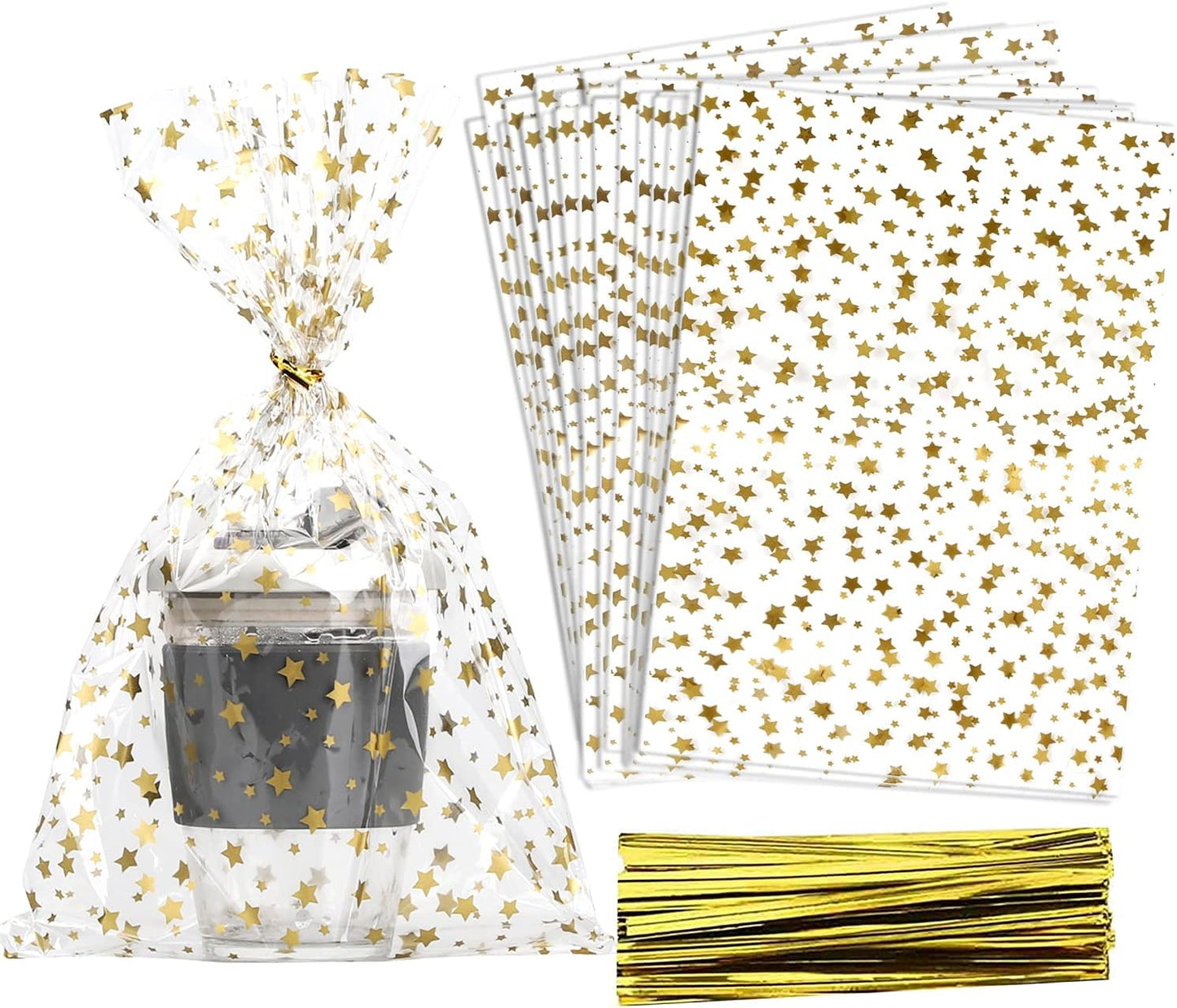 100 Pcs Star Printed 5"X 7" Gift Wrap Cello Cellophane Treat Bags Party Favor bags Clear Candy Cookie Bag Plastic Poly Goodie Storage Bag with Twist Ties for Bakery,Birthday, Wedding ,Party Decorations (Gold)