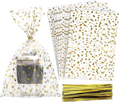 100 Pcs Star Printed 5"X 7" Gift Wrap Cello Cellophane Treat Bags Party Favor bags Clear Candy Cookie Bag Plastic Poly Goodie Storage Bag with Twist Ties for Bakery,Birthday, Wedding ,Party Decorations (Gold)