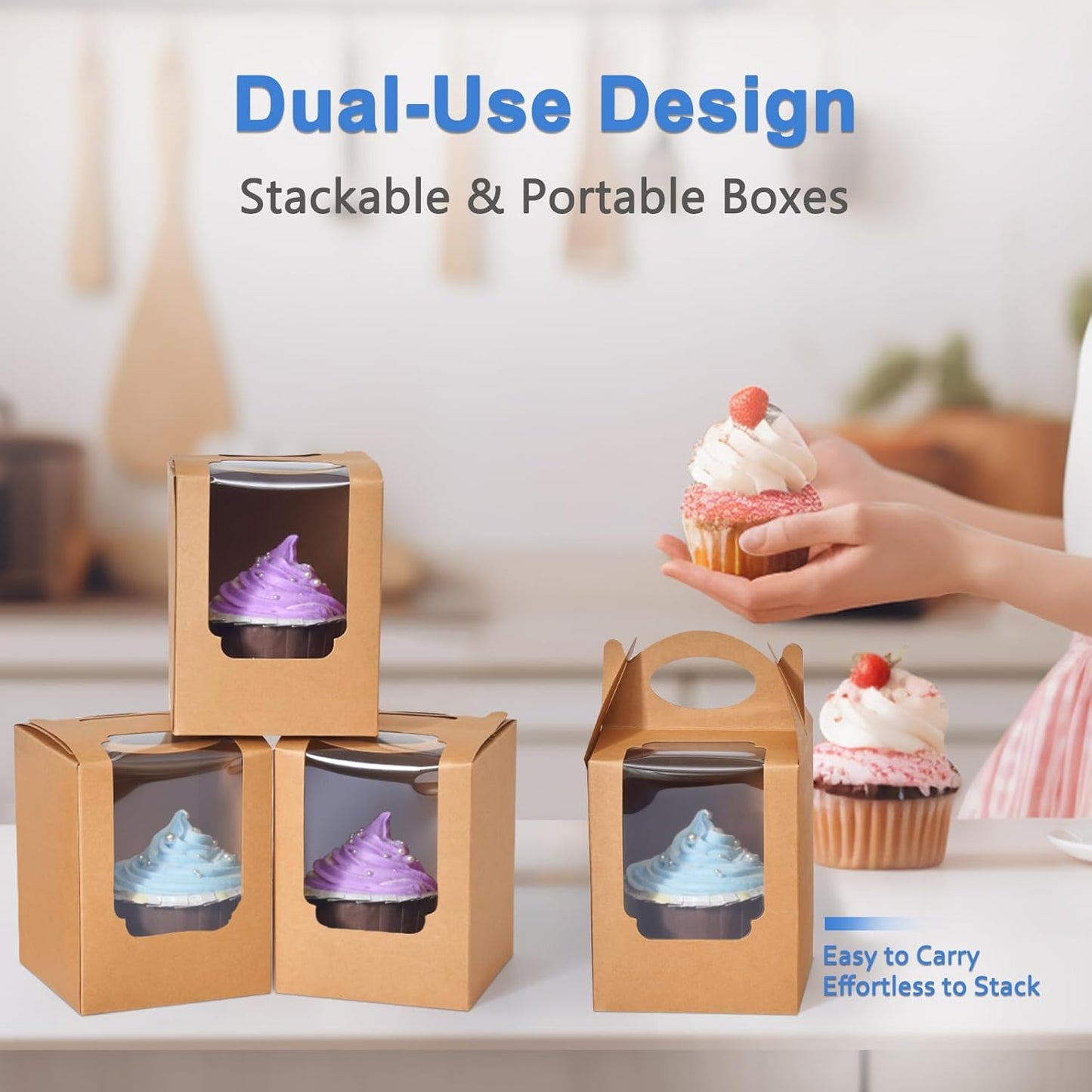 Cupcake Boxes 50 pcs, Individual Cupcake Containers Brown with Window Insert and Handle, Pastry Box Single Muffins Holder Disposable for Bakery Wrapping Party Favor Packaging