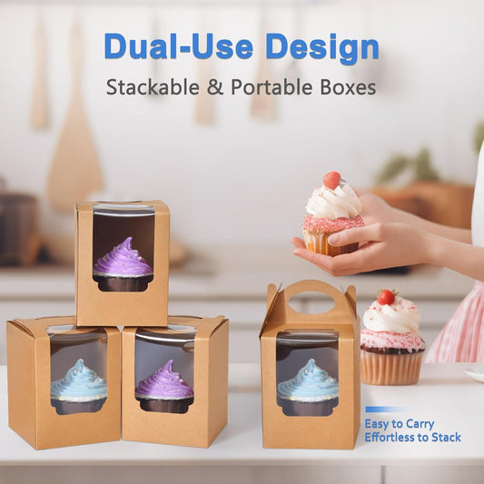 Cupcake Boxes 50 pcs, Individual Cupcake Containers Brown with Window Insert and Handle, Pastry Box Single Muffins Holder Disposable for Bakery Wrapping Party Favor Packaging
