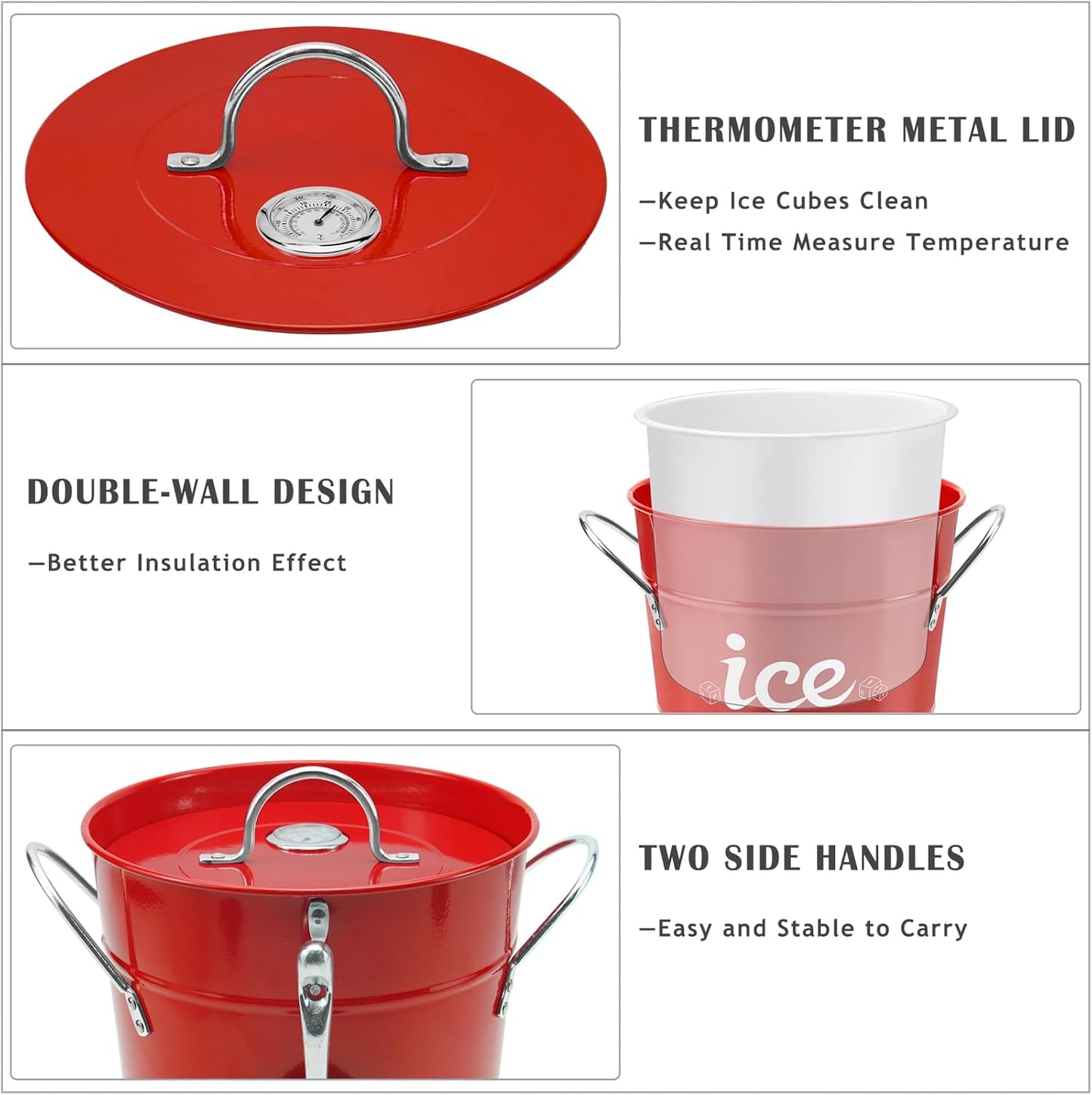 Double Wall Ice Bucket with Thermometer, Metal Wine Chiller Bucket with Lid & Scoop - for Champagne, Wine, Cocktails and Parties, Large Insulated Ice Holder - Perfect for Home & Outdoor Use,Red