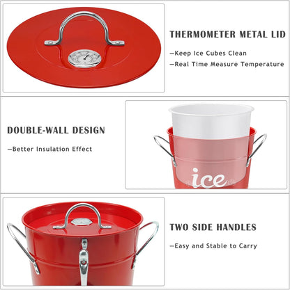 Double Wall Ice Bucket with Thermometer, Metal Wine Chiller Bucket with Lid & Scoop - for Champagne, Wine, Cocktails and Parties, Large Insulated Ice Holder - Perfect for Home & Outdoor Use,Red