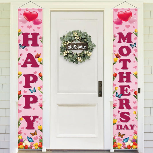 Mothers Day Banner 2 Pack Happy Mothers Day Decorations Door Sign Hanging Banners Flowers Tulip Love Welcome Porch Sign Seasonal Holiday Party Supplies for Indoor Outdoor Door, Porch Decor