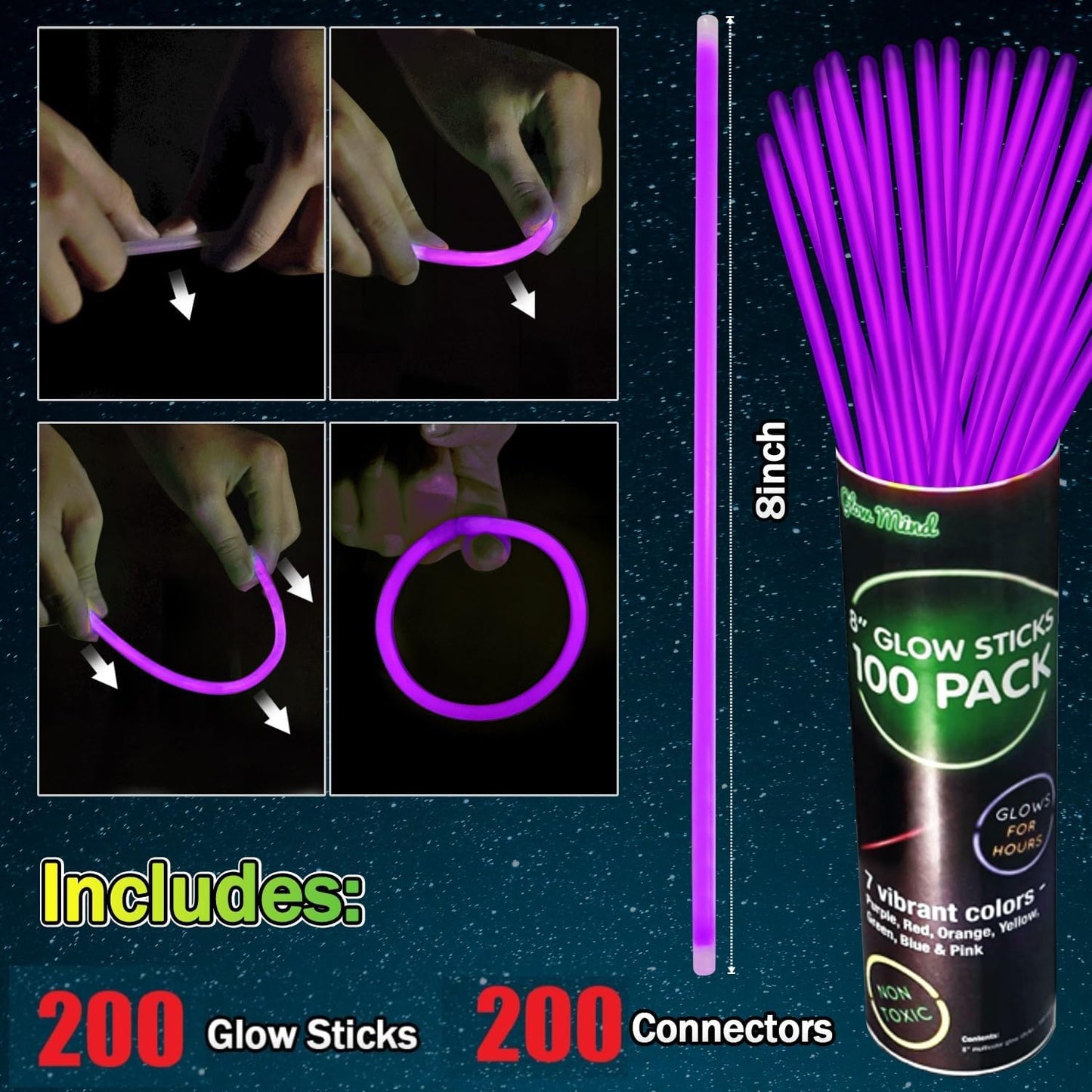 200 Pcs Red Glow Sticks Bracelet Necklaces Bulk Glow in The Dark Party Supplies 8” Light Up Stick with Connectors for Christmas Valentine's Day Easter 4th of July Party Favors Birthday Carnival