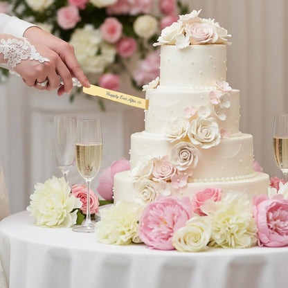 4 Piece Wedding Cake Cutting Set, Knife and Server with Forks, Elegant Wedding Cake Knife and Server Set for Bride and Groom(Gold)