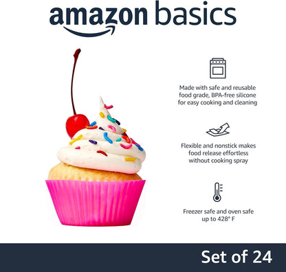 Amazon Basics Reusable Non-Stick Silicone Baking Cups, BPA Free, Muffin Liners, Dishwasher Safe, Microwave and Oven Safe, 2.9 x 2.9 x 1.3 in (LxWxH), Multicolor, 12-Pack