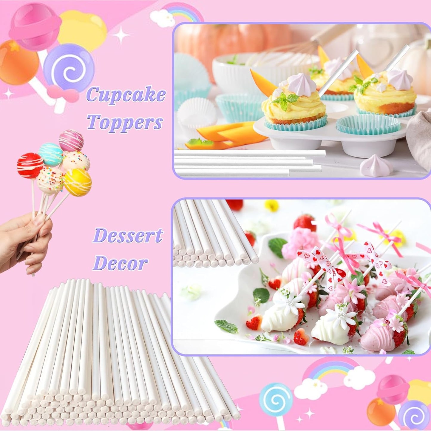 100 Count 6 Inch White Lollipop Sticks,Paper Cake Pop Stick,Sucker Treat Sticks for Chocolate Cookies Donut Packaging Wedding Party Cupcake Toppers Supplies 3.5mm
