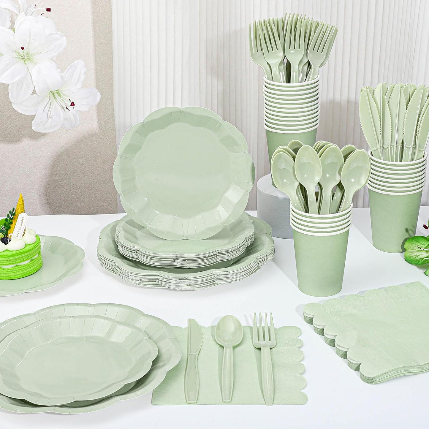 NatNarr 175 Pcs Sage Green Plates and Napkins Set, 25 Guest Sage Green Party Supplies Include Scalloped Paper Plate Napkin Cup Forks Knives Disposable Plastic Cutlery for Wedding Baby Shower Birthday
