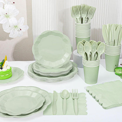 NatNarr 175 Pcs Sage Green Plates and Napkins Set, 25 Guest Sage Green Party Supplies Include Scalloped Paper Plate Napkin Cup Forks Knives Disposable Plastic Cutlery for Wedding Baby Shower Birthday