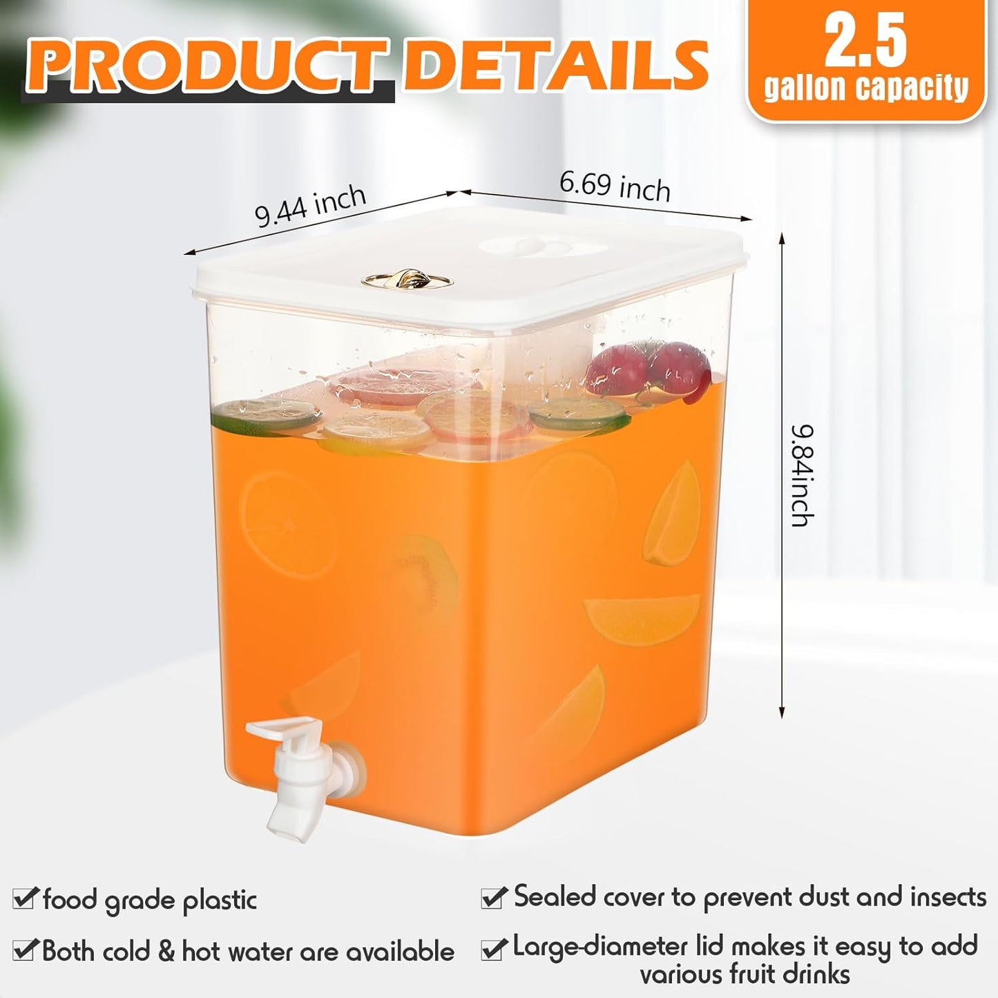 Domensi 2 Pack 2 Gallon Drink Dispenser for Fridge with Spigot Water Dispenser Leak Proof Lids Filter Screen Beverage Juice Container Sealed Plastic Lemonade Milk Cold Hot Drink Tea Jug for Party