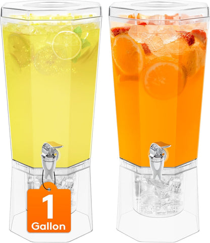 Lifewit 1 Gallon Drink Dispenser for Parties 2 Pcs, Plastic Beverage Container for Juice/Tea/Soda with Stand & Ice Core, Clear Lemonade Dispenser with Spigot, BPA Free Water Pitcher 39 x 16 cm/15x6"