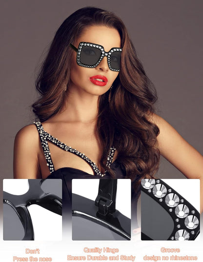 Flutesan 12 Pairs Women Disco Sunglasses Crystal Oversized Sunglasses 70s Rhinestone Diamond Retro Glasses for Rave Festival